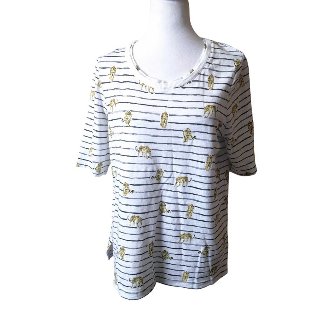 CHICO'S Women's 1 Medium Leopard Cheetah Novelty Striped Pullover T-Shirt Top